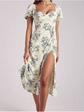 Meshki Julia floral puff sleeve midi dress with high slit